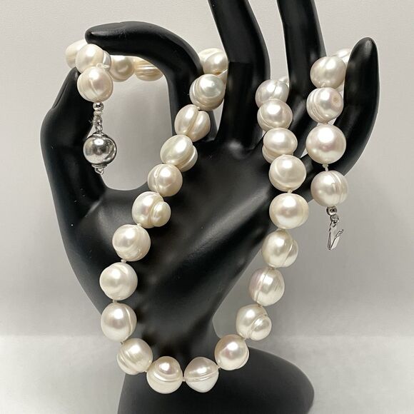 Stunning Large Freshwater Pearl Beaded Knotted Necklace Sterling Silver Clasp - Picture 1 of 9